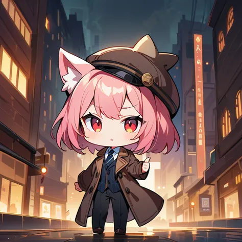 Top quality, masterpiece, high resolution, 8k,独奏,chibi character, pink hair, animal ear girl, red eyes, Inverness coat, suit, Sherlock hat, detective style costume with pipe,Walking through a foggy night city,Thinking pose with arms folded
