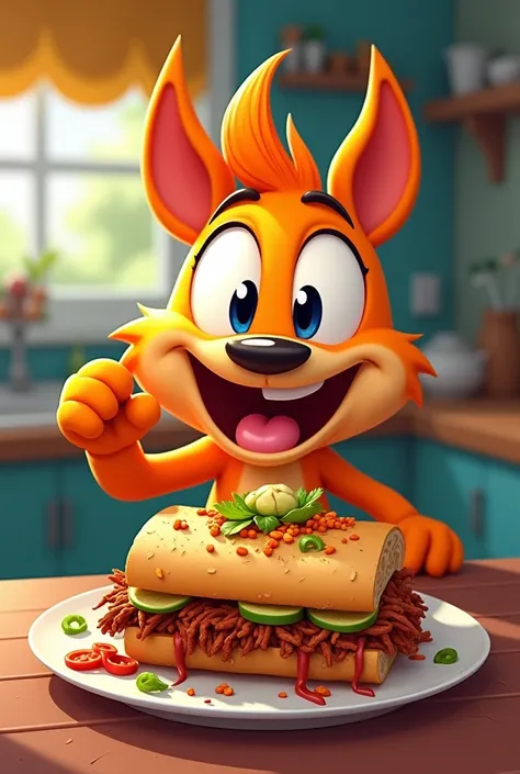 happy cartoon network character, eating mexican shredded beef sandwich
