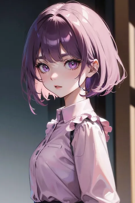 High Detail, Ultra Detail, Ultra High Resolution Light purple eyebrows, short purple hair girl, pink eyes , Short hair with bangs, Pink shirt ,--v6 INFO 