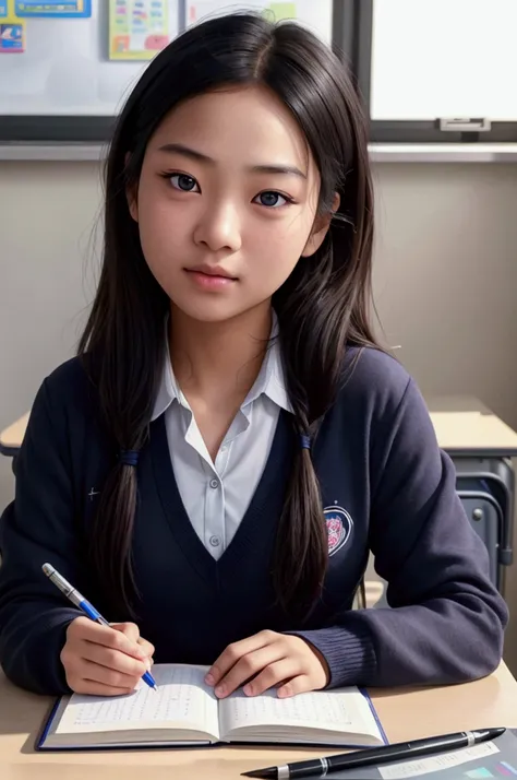 A asian teenage girl in the school taking notes at her desk, beautiful detailed eyes, beautiful detailed lips, extremely detailed eyes and face, long eyelashes, school uniform, focused expression, sitting at desk, writing in notebook, classroom interior, d...