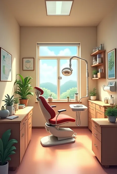 Cris a 9 square meter dental office, place a small window on the left side wall and close to the wall junction, a dental chair should be in the center of the room and be brown in color, a bench to store objects must be present on the same wall where the wi...