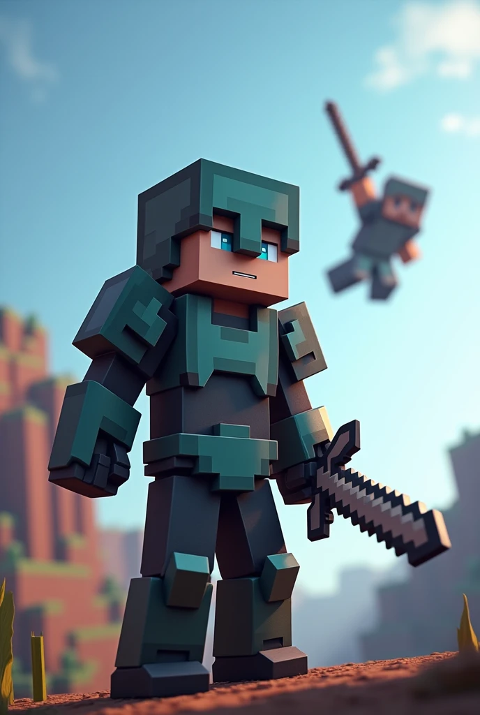 Minecraft skywars player in front with armor and sword with another player falling in the background and I have sword and arrow in the other hand with minecraft style seeing in front of the screen