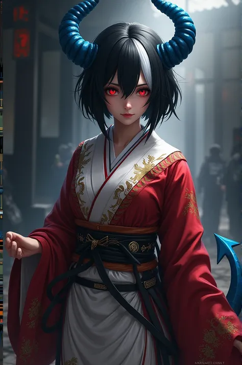 create an adult female Attack on Titan style character with blue horns and demon tail. Short black hair with a white streak in the hair, red eyes and japanese kimono.