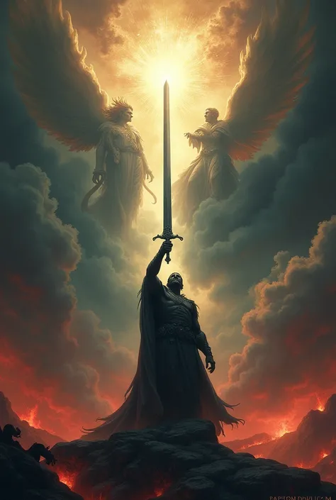 Under the sword lifted high, There is hell making you tremble. But go ahead, And you have the land of bliss. (Add hell images underneath  and heaven imagem above sword)
