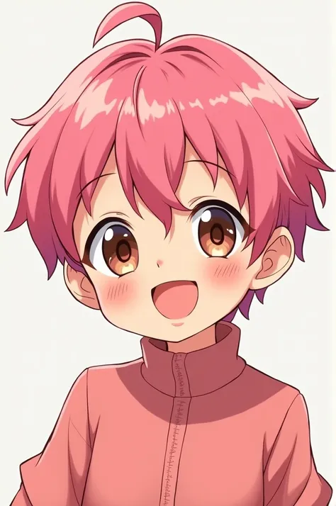 Pink short hair anime boy with Brown eyes, pink clothes