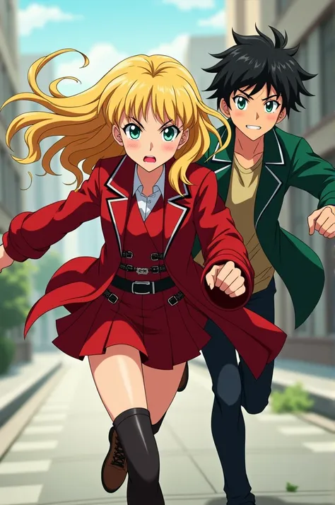 Create an anime image of a blonde girl in a stylish red outfit running possessively after a dark-haired boy with brown hair and green eyes,green coat running away from her scared