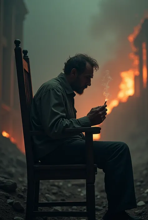 A man sitting in hell on an old wooden chair, holding a cigarette, staring around (Angle from a distance) (Sad and dark atmosphere)