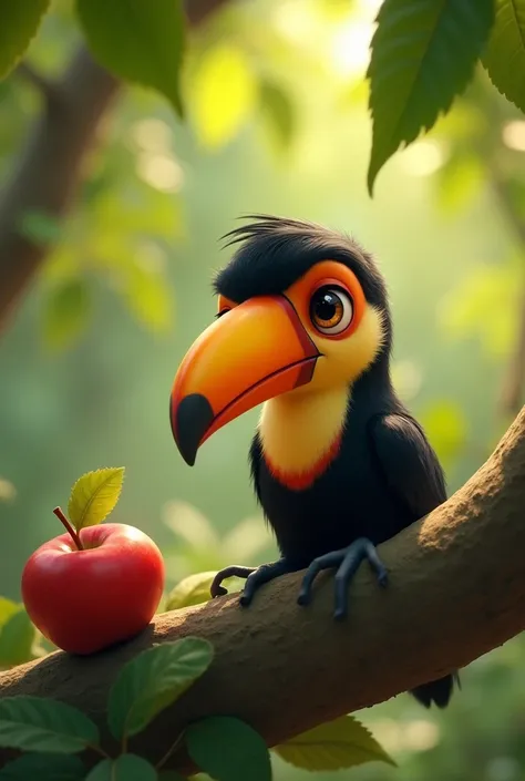 Sad animated baby pixar cartoon toucan in a tree because his apple fell