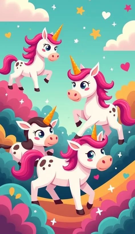 WhatsApp wallpaper with cute
cartoon unicorns and cows, playful
design
