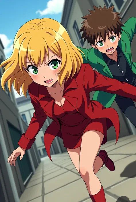 Create an anime image of a blonde girl in a stylish red outfit running possessively after a boy and this brunette boy with brown hair and green eyes,green coat is running away from her super scared