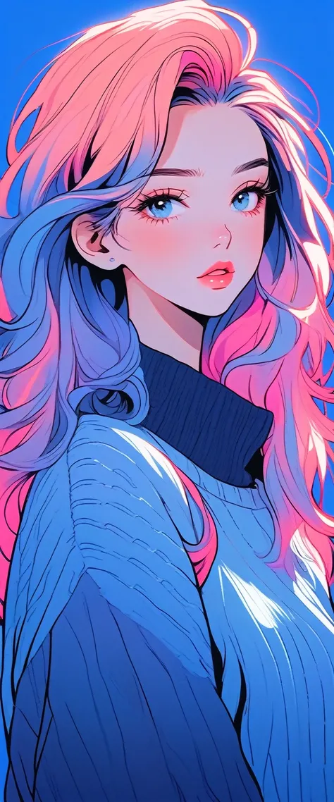 Illustrator, anime , Realistic ,sketch , 1 girl, ,lip, [sweater,order, Blue gradient background, Neon Hair,Texture Trim, Canadian, (masterpiece,Highest quality)