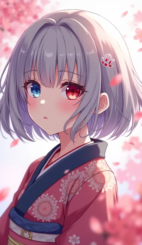 One girl, solo, High resolution, bangs, bangsぱっつん。Silver Hair。Bob。Right eye blue、Left eye red。Odd Eye。Kimono pink。Background petals。anime。anime。Curly hair tips。Right eye blue、Left eye red、Shiny Hair, Hair blowing in the wind, 