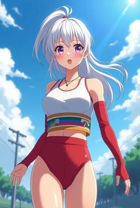 HD、Animation style、white hair 、Purple Eyes、girl、plump breasts 、High school student 、single ponytail、Baseball player、Light color short sleeve top、Long sleeve red underwear、Good shape、Thin、sash、Sky、cloud、sunny、Cycling