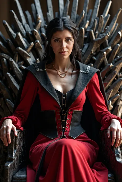 The character a queen with a crown smiling with slightly dark  hair and a defined face of a young man with a defined face years old red and black clothes on the iron throne 