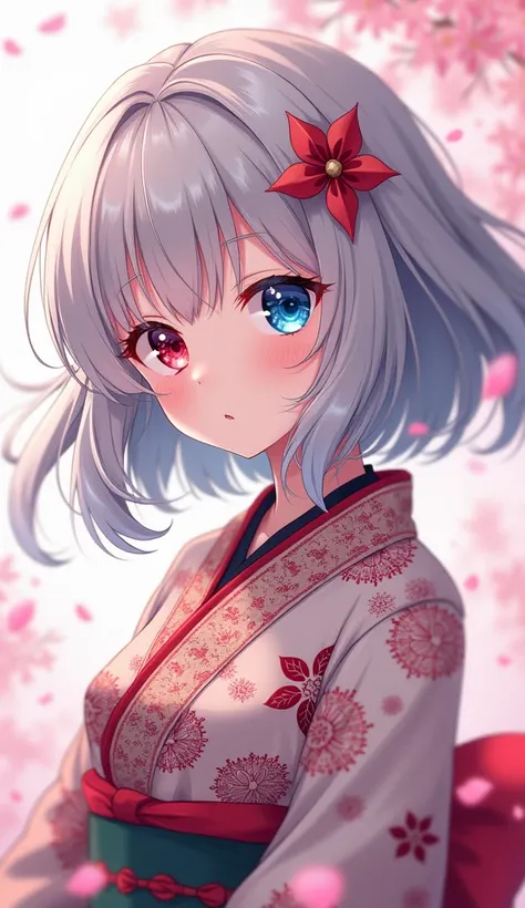 One girl, solo, High resolution, bangs, bangsぱっつん。Silver Hair。Bob。Right eye blue、Left eye red。Odd Eye。Kimono pink。Background petals。anime。anime。Curly hair tips。Right eye blue、Left eye red、Shiny Hair, Hair blowing in the wind, 