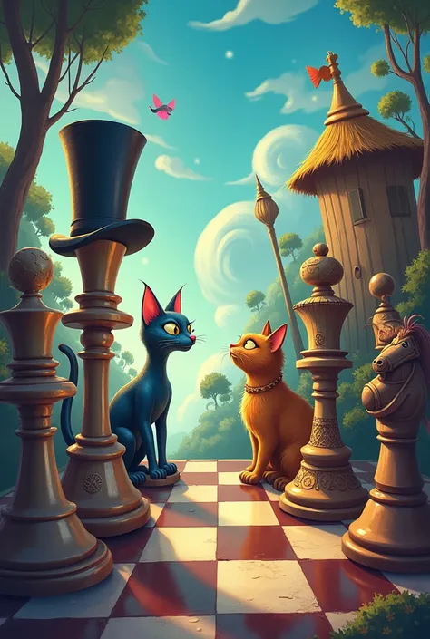 Draw me a chess game where the king is a hat, the pawn is a calich, the queen a cat, the bishop a broom, the horse a book and the tower a hut 