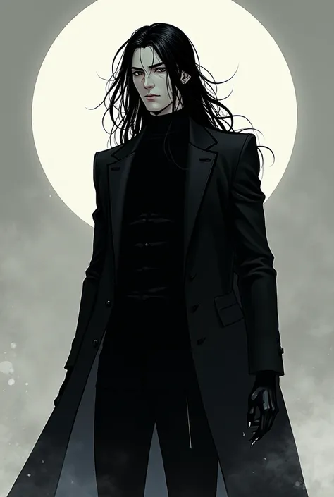 Make a murim manhwa character, with long black hair, He has black eyes with a black shadow under his eyes,he is naked,his skin is all black, He is a man and handsome with the appearance of a 40 year old man. I don&#39;t want a realistic character just from...