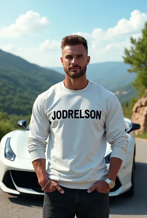 Put a white Ferrari and a guy with a ripped physique with a white sweatshirt in the middle written [JODRIELSON] a beautiful view behind more realistic!!