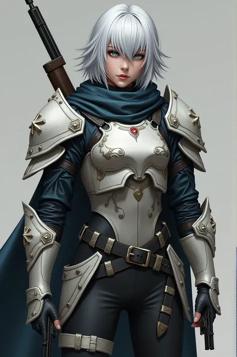 Eron Creed a mercenary with silver hair and blue eyes his light armor is in the color of Germany his appearance is female but although he is a man he has female features and has a black as well as a white pistol 