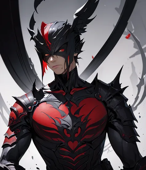 Masterpiece, one dark male character, solo, clad in warrior attire with red and black accents, a look of dark motivation in his piercing eyes, standing inside a circular arena, rendered in high detail with vector style precision. Blood stains the ground be...