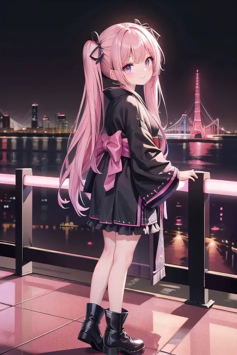 A petite girl with a Western look and beautiful features.　Smiling quietly　Pink hair in twin tails　Standing gracefully, facing backwards　Black yukata with black frills　Dark brown boots　The background is a cyberpunk cityscape