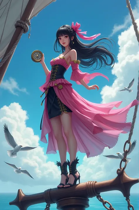 a pretty Asian girl 20yo, long black hair bang wear a pink & black pirate dress, who was standing on the mast of pirate ship majestically. She stands on a cross-shaped mast, She stood firm and graceful,holding a pole in her left hand, and a compass in her ...