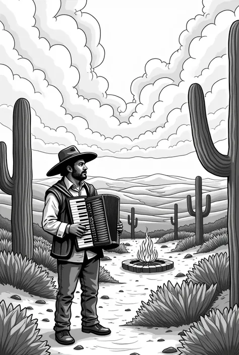 
**Illustration Idea for a Black and White Cordel*

1. **Scenery of the sertão:** Draw a landscape of the northeastern hinterland, with a vast sky and some clouds. Include cacti and vegetation typical of the region.

2. **Figure of the Northeastern:** Add ...