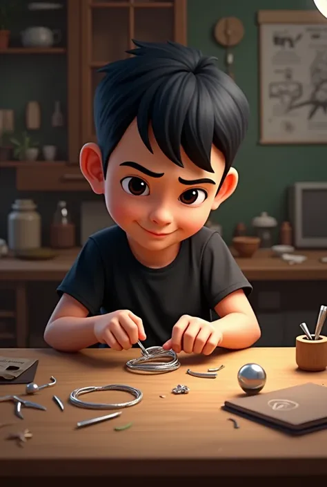 Create a mascot logo where the mascot is a boy making a silver bracelet at a desk with black hair and a black shirt 