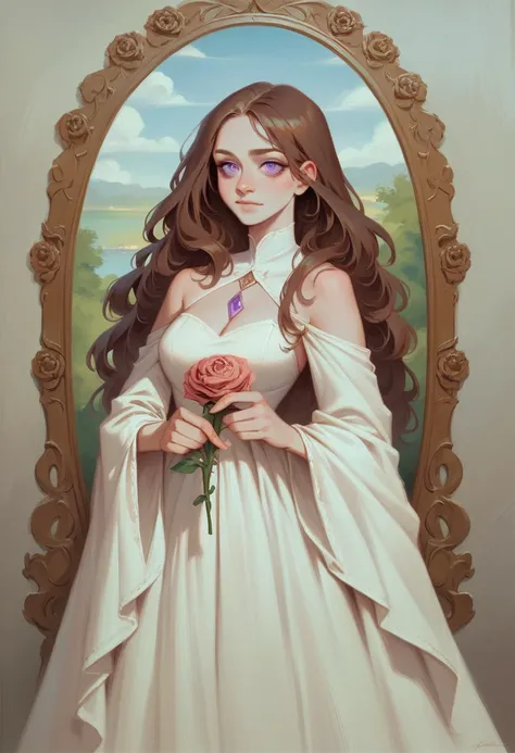 best qualityer, work of art, painting oil on canvas, (a deopt-graciedzienny painting by Crvgg, long brown hair, violet eyes), wearing a marquise outfit, long and loose hair, holding a rose Crvgg