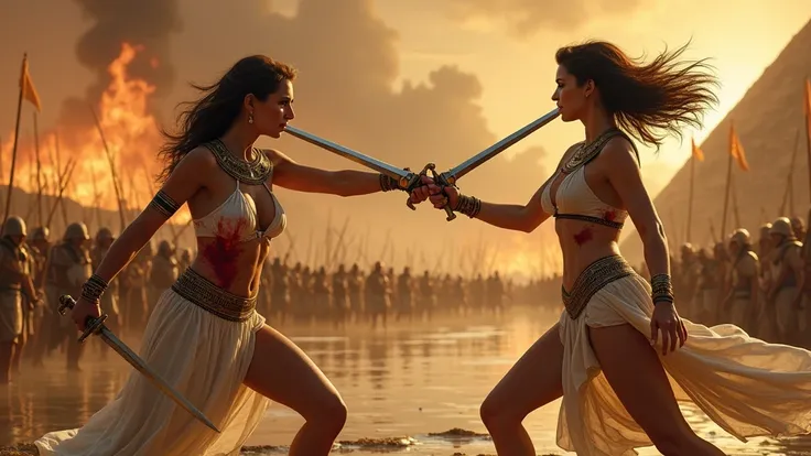 Head-on sword duel between two beautiful and sexy women, They are wearing little blood-stained clothes ,has big breasts,. Egyptians of the Ptolemaic dynasty, sisters fight with egyptian style swords, by the power of ancient Egypt in the battle of Acio alon...