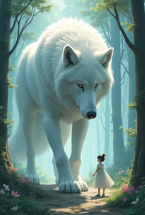 White wolf with snow-white fur，Surrealism，Gigantic，The huge body contrasts with the tiny forest，walk，The huge limbs stepped on the ground，Anime style，Hayao Miyazaki，