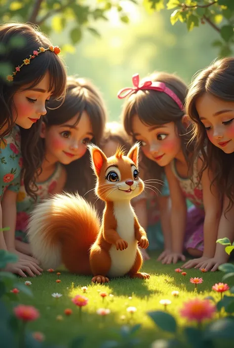 A squirrel surrounded by a bunch of girls