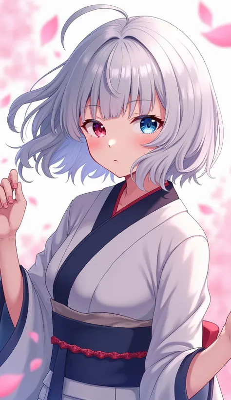 One girl, solo, High resolution, bangs, bangsぱっつん。Silver Hair。Bob。Right eye blue、Left eye red。Odd Eye。Kimono pink。Background petals。anime。anime。Curly hair tips。Right eye blue、Left eye red、Shiny Hair, Hair blowing in the wind, older sister