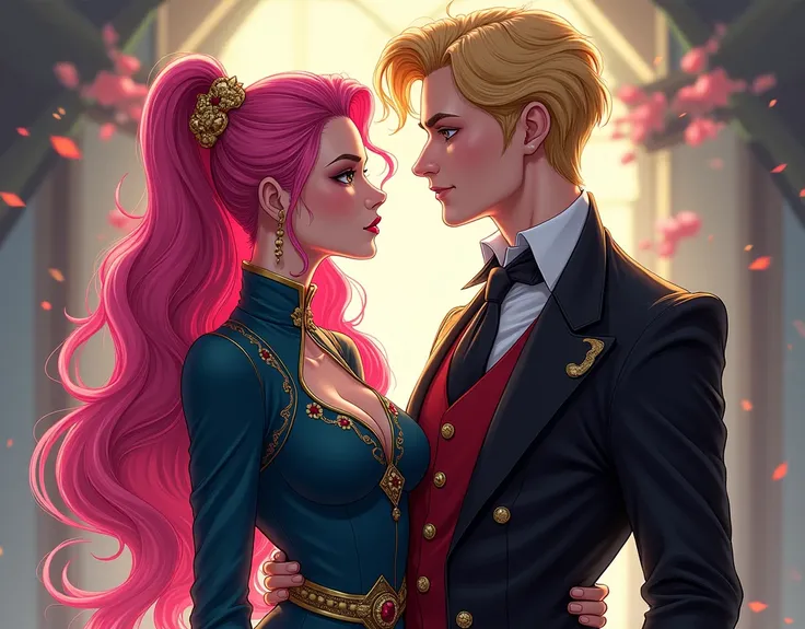 create a picture of the happily ever after characters, with evangeline and jacks by stephanie garber, Evangeline has pink hair and Jacks has golden hair, Jacks is the prince of hearts and is the villain of the story, Jacks wears a black suit and Evangeline...