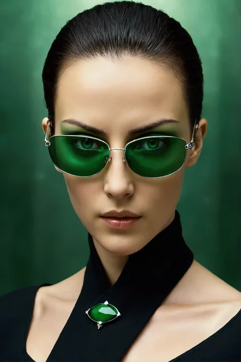 Face with green eyes, eyes are toxiq green, she look in your face, she war sunglasses,  she live in the Matrix, matrix is in the foreground, Sonnenbrille ist spacig