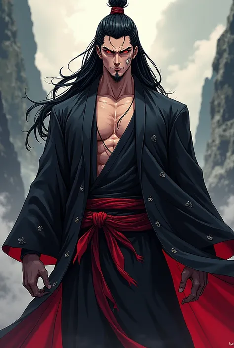 Make a murim manhwa character, with long black hair, He has red eyes,he is without an overcoat, he is giving an evil smile,  He is a man and handsome with the appearance of a 30 year old man. I don&#39;t want a realistic character just from murim manhwa.