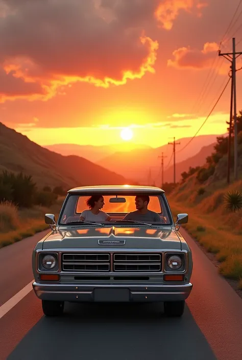 A photo of a couple riding down the road in a grey 1998 Dodge Ram, in a sunset 