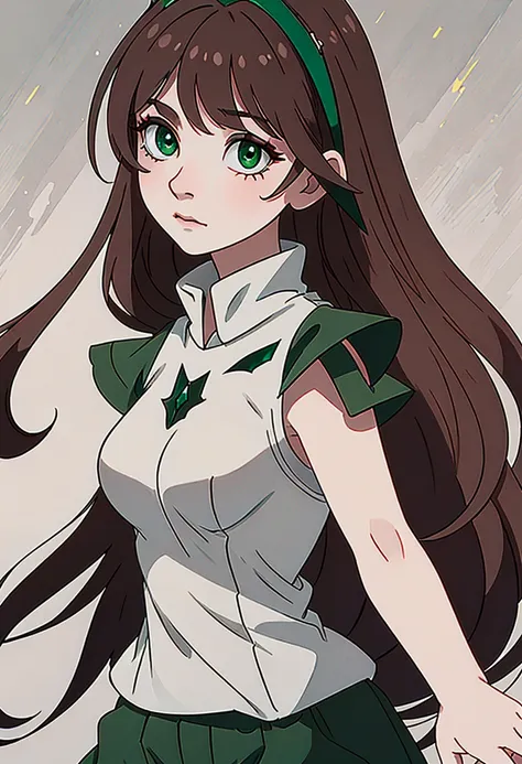 (masterpiece, side lighting, finely detailed emerald eyes : 1.2), simple animated drawing, close-up face view, pale skin, slight blushing, animated, adult female, [emotionless, darkened eyes, long neat hair, side swept bangs, brown hair, wearing a short t-...