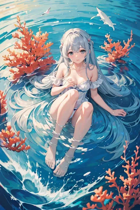 masterpiece, Highest quality, High resolution，Follow the on-screen instructions、Anime Style、Follow the on-screen instructions、One Girl、Long silver hair、Coral Reef、fish、Drop position、Falling、Look up, bend your knees, and reach your arms out toward the water...