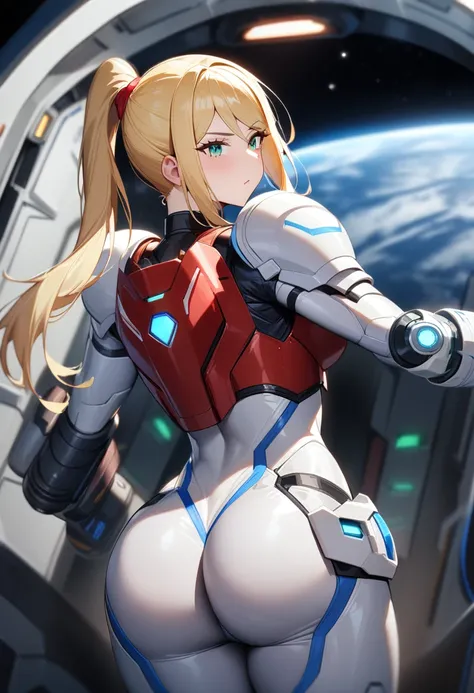 1girl,Samus aran,solo,green eyes,blonde hair,white blue power armor,ponytail,arm cannon,red chest armor, big shoulder armor,cowboy shot,in space ship,zero gravity,Science fiction,ultra-detailed,sharp focus,aesthetic,(best quality), ass, from, behind, bare ...