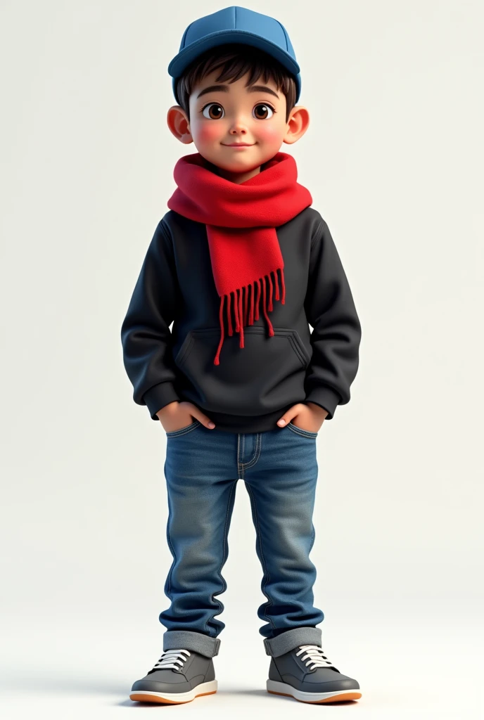 Boy in black sweatshirt, with red scarf, blue jeans, grey shoes and blue cap