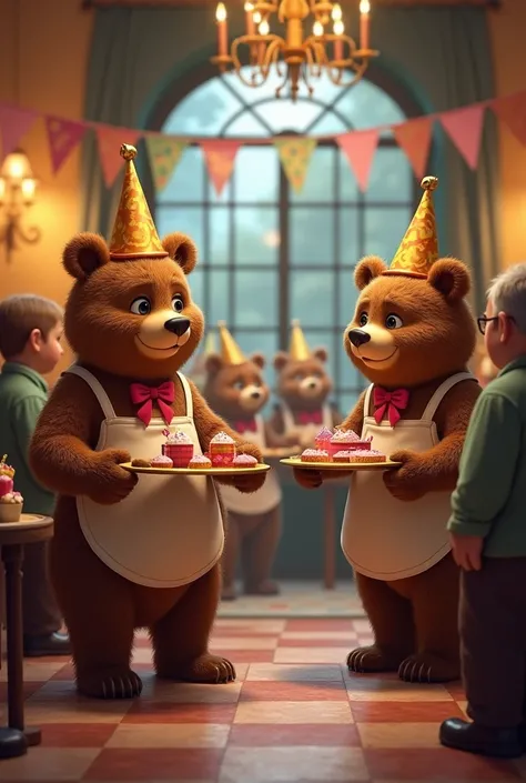 One day the family organized a party to celebrate the birthday of their three bear daughters and they needed waiters. The bear brothers heard and went to see if they would give them the job of waiters. The owner of the place attended to them and gave them ...