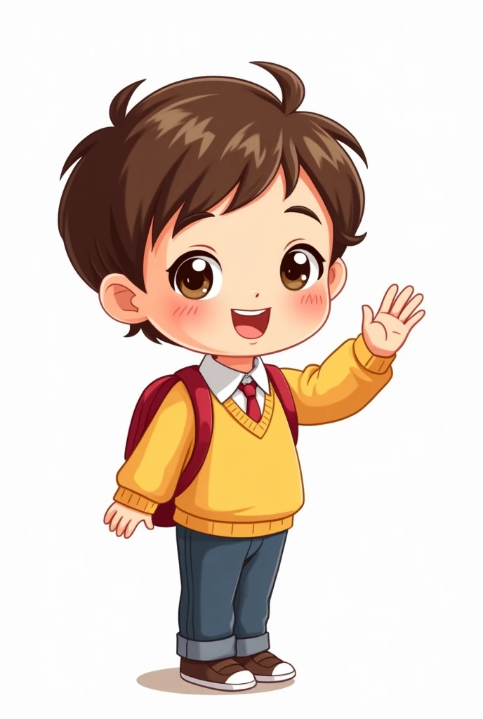 Cute Cartoon school kid with a beautiful face waving to say goodbye on white background 