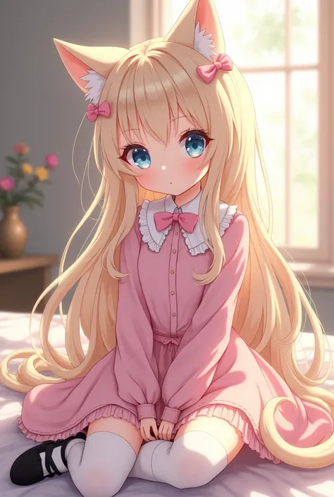 Anzu is an incredibly cute, sleepy, harmless, quiet, sweet, demure, pretty and adorable morute hybrid Neko girl who has very long fluffy gorgeous light blonde hair that goes down to her ankles, long bangs, big adorable blue eyes, small hands, white soft sk...