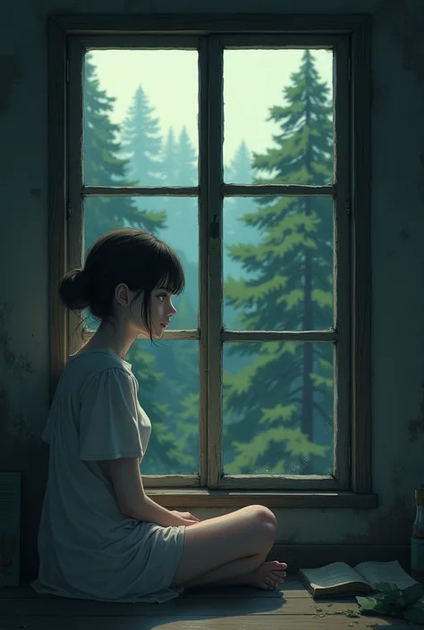 create an anime style woman alone, He is about 2,through the sad window, He is old and lives in a small town near a forest. 