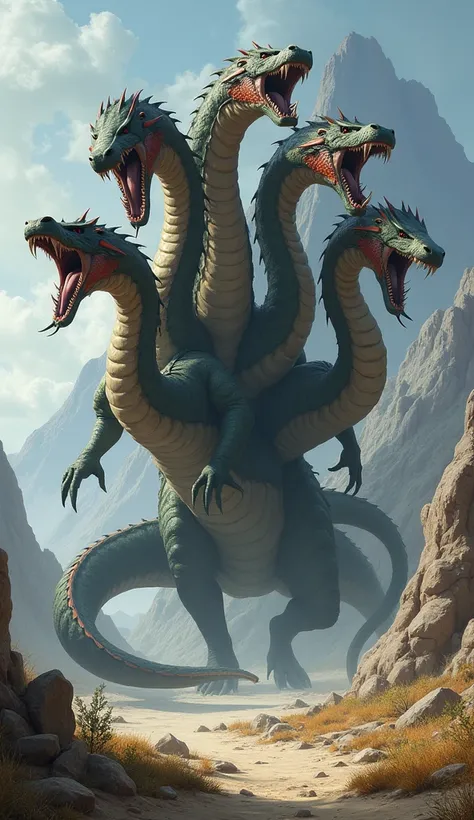 A fantasy art style digital painting depicts a five-headed hydra, a huge, menacing creature, in a barren, rugged landscape, with each of the five heads emerging from the body, creating a complex and dynamic composition. The creatures scales are predominant...