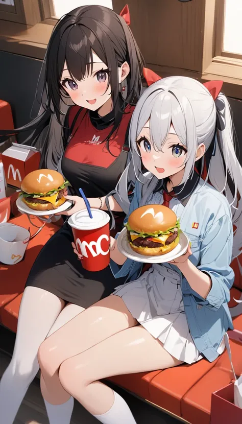 Two Women、Sisters、beautiful girl、McDonald&#39;s、Sit on a chair、Holding a hamburger with both hands、eat、Eat a parfait、Potatoes on the table、high school girl、School、目を閉じてsmile、smile、Blazer uniform、Pleated skirt、Black knee-high socks、Long Hair、Highest quality...