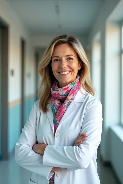 Middle-aged woman in white coat and scarf 