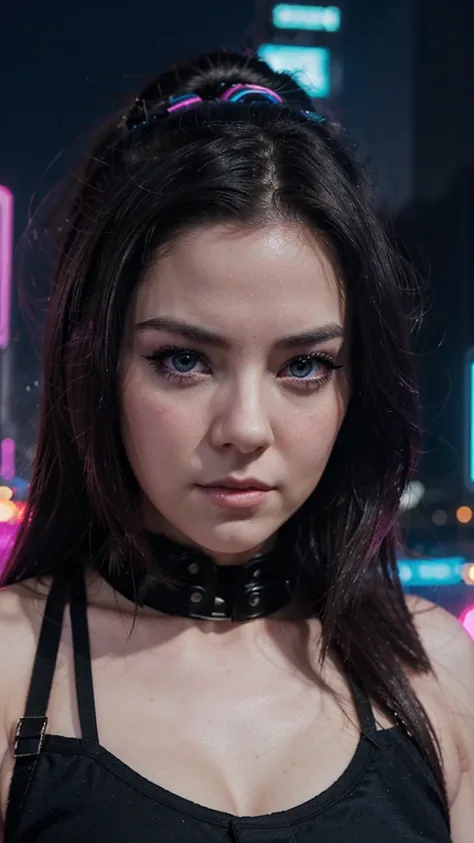 A girl with the face of Amy Lee, estilo synthwave, with a background of a futuristic city 