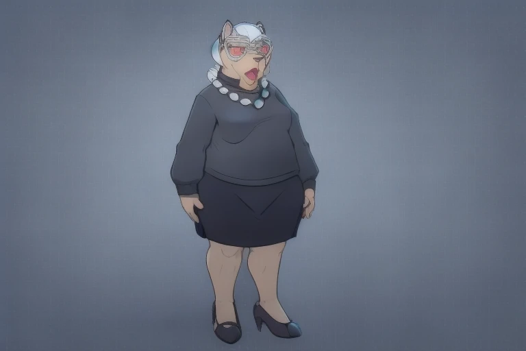 Flabby woman, domestic dog, hellhound, overweight, breasts, grey fur, older female, (alone, :1.4) standing, (pov, :1.1), red sclera, white eyes, white hair, BREAK glasses, (white glasses :1.3), BREAK (black clothes, headscarf, pearl necklace, sweater, skir...